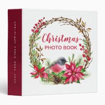 Watercolor Wreath Poinsettia & Bird Christmas