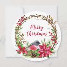 Watercolor Wreath Poinsettia & Bird Christmas