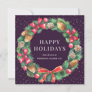 Watercolor Wreath Purple Business Holiday Card