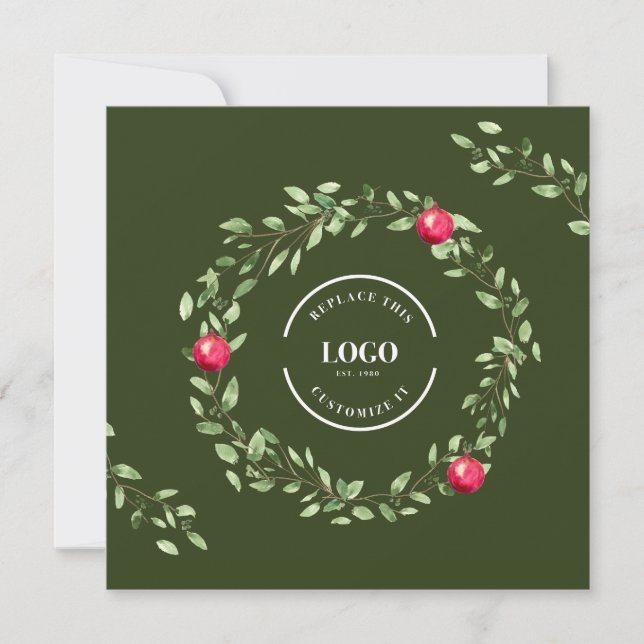 Watercolor Wreath Red balls Custom logo Holiday Card (Front)