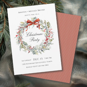 Watercolor Wreath Red Bow Christmas Party Invitation