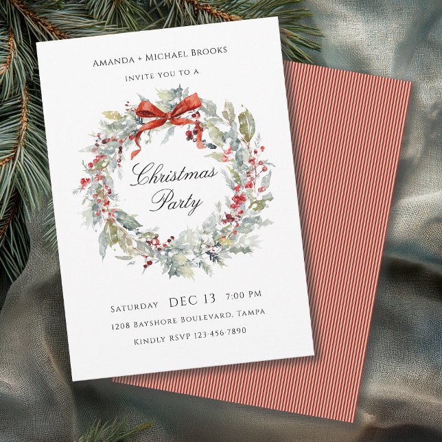 Watercolor Wreath Red Bow Christmas Party Invitation (Available in both printed and instant download digital formats.)