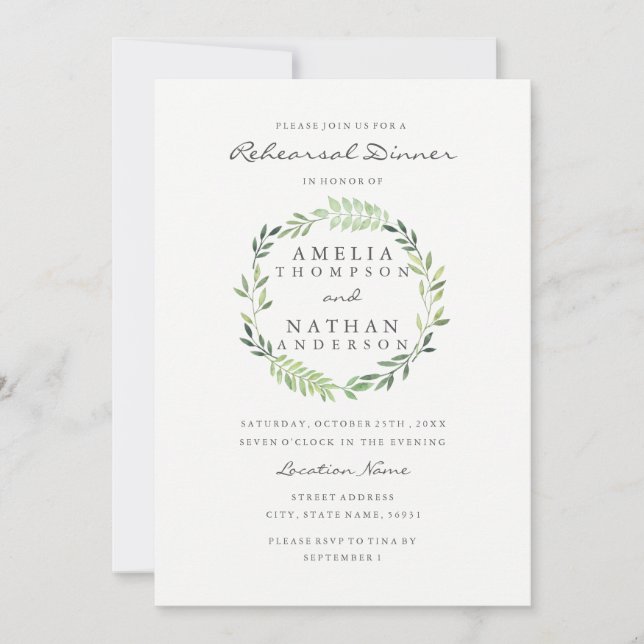 Watercolor Wreath Rehearsal Dinner Invitation (Front)
