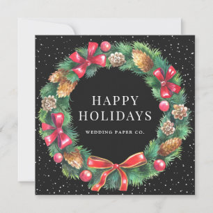 Watercolor Wreath Snow Black Business Holiday Card