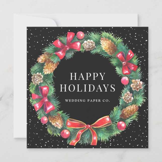 Watercolor Wreath Snow Black Business Holiday Card (Front)