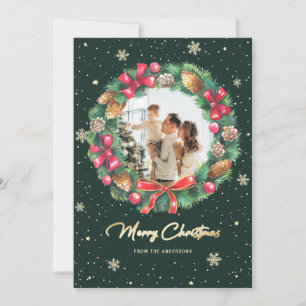 Watercolor Wreath Snow Gold Green Photo Christmas Holiday Card
