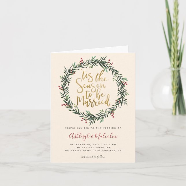 Watercolor Wreath Tis The Season Christmas Wedding Holiday Card (Front)