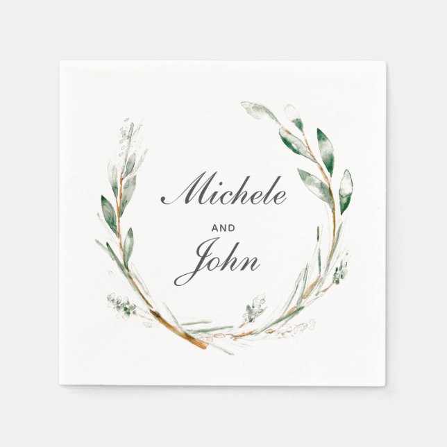 Watercolor Wreath Wedding Names Paper Napkins (Front)