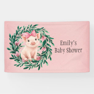 Watercolor Wreath with Baby Pig Girl Baby Shower Banner