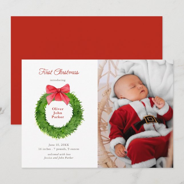 Watercolor wreath with bow  Baby photo birth Announcement (Front/Back)