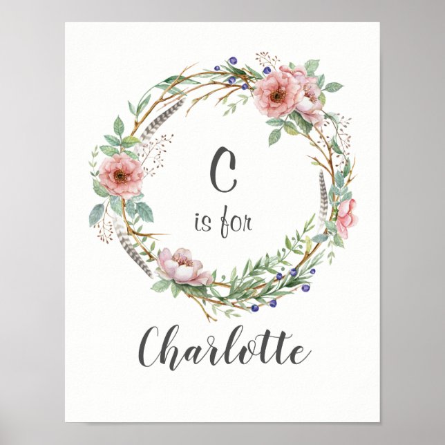 Watercolor Wreath with Pink Flowers and Feathers Poster (Front)