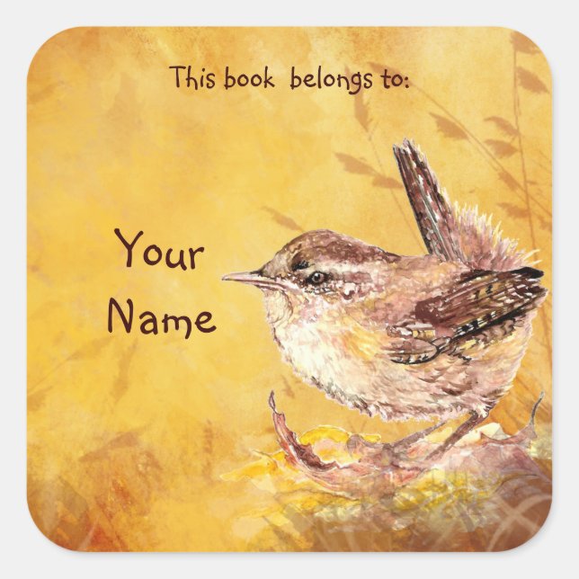 Watercolor Wren Bird This book belongs Bookplate Square Sticker (Front)