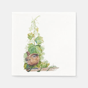 Watercolor Wren Bird Vineyard Grapes Leaves Winery Napkin