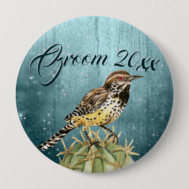 Watercolor Wren on Cactus Wedding 10 Cm Round Badge (Front)