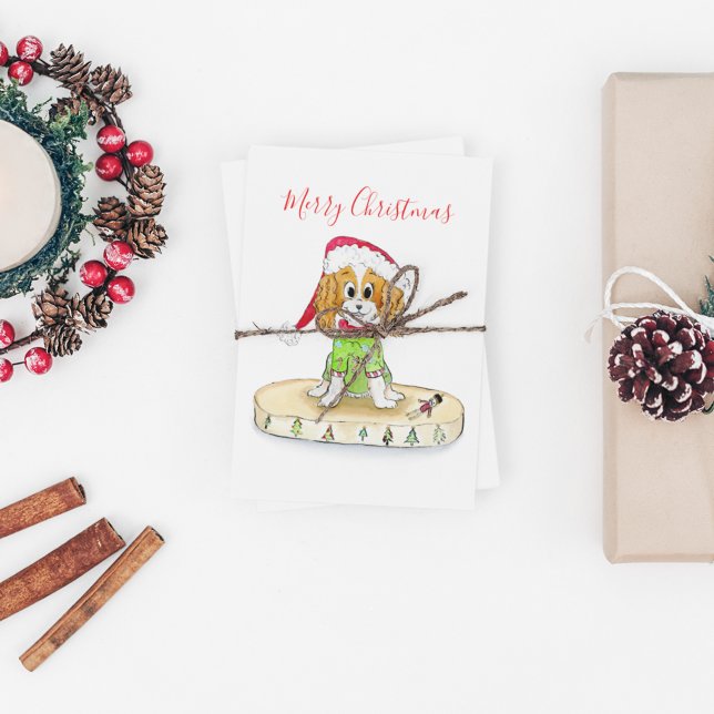 Watercolor Xmas Cavalier King Charles Spaniel Postcard (Creator Uploaded)