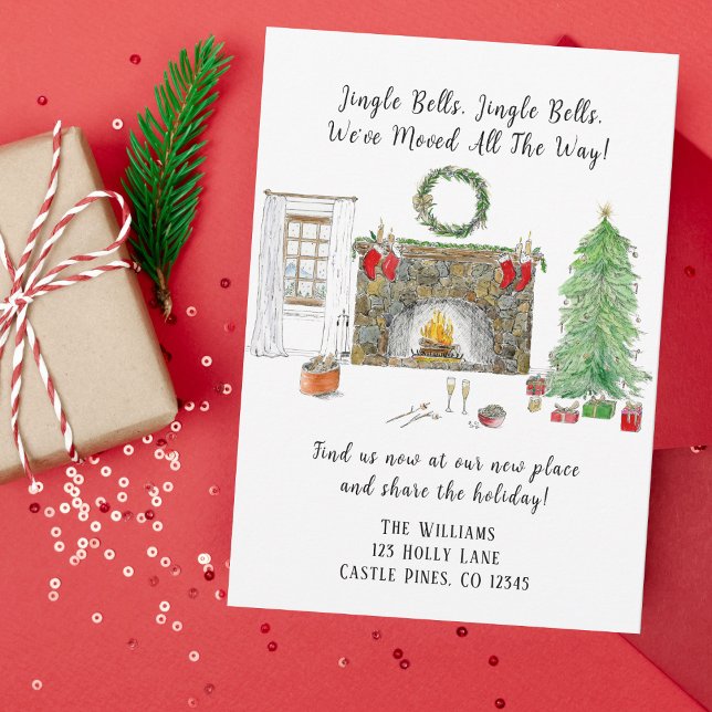 Watercolor Xmas Living Room With Fire Moving  Announcement (Capture the warmth and festivity of your move with this delightful card.)