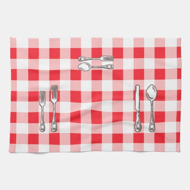 Watercolor Xmas Wreath MONOGRAM Red Check  Tea Towel (Horizontal)