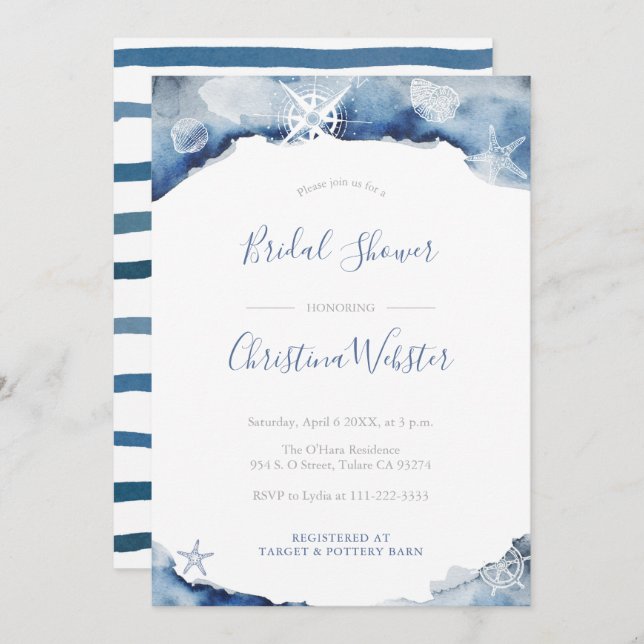 Watercolor Yachting Indigo Grey Bridal Shower Invitation (Front/Back)