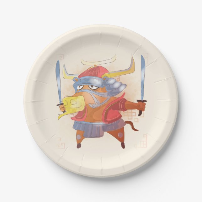 Watercolor Year of the Ox, Samurai Paper Plate (Front)