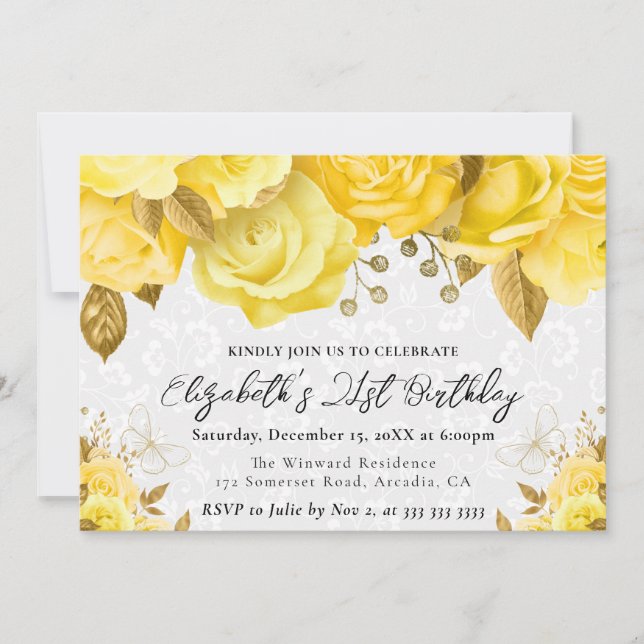 Watercolor Yellow and Gold Flowers 21st Birthday Invitation (Front)