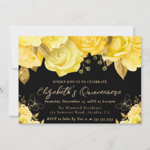Watercolor Yellow and Gold Flowers Quinceanera Invitation