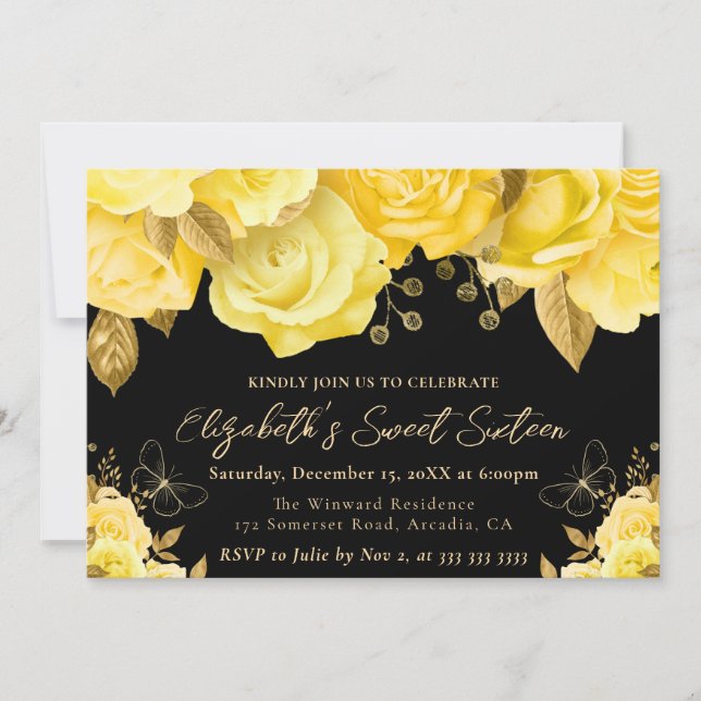 Watercolor Yellow and Gold Flowers Sweet Sixteen Invitation (Front)