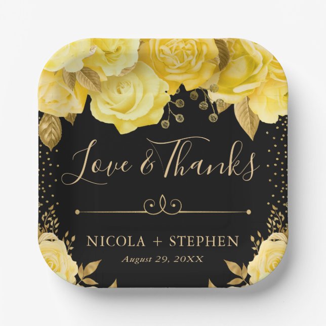 Watercolor Yellow and Gold Glam Flowers Wedding Paper Plate (Front)