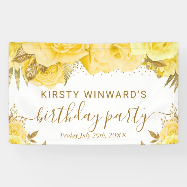 Watercolor Yellow and Gold Roses Birthday Banner (Horizontal)