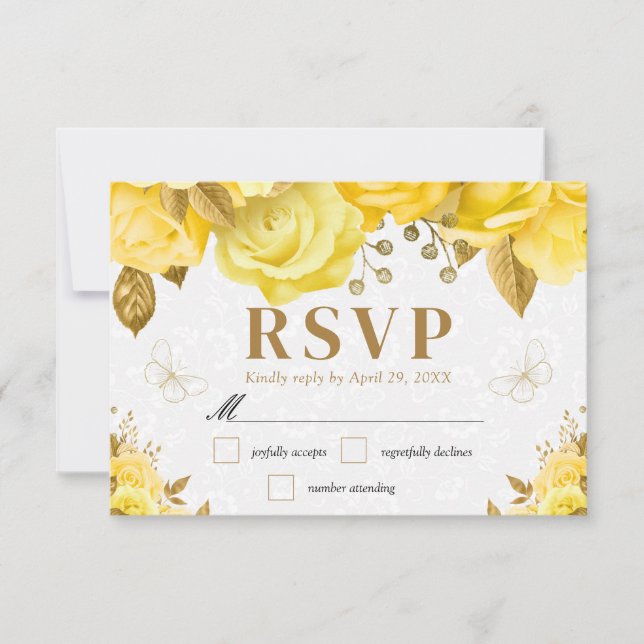 Watercolor Yellow and Gold Roses Wedding RSVP Card (Front)