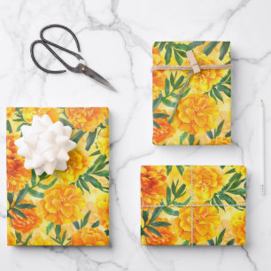 Watercolor Yellow and Orange Marigold Type Flowers Wrapping Paper Sheet