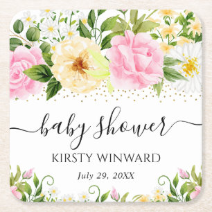 Watercolor Yellow and Pink Flowers Baby Shower Square Paper Coaster