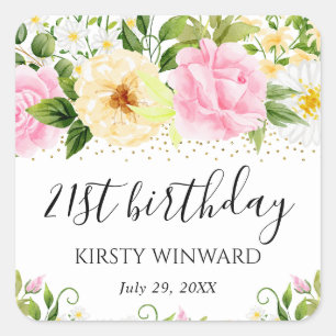 Watercolor Yellow and Pink Flowers Birthday Square Sticker