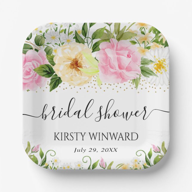 Watercolor Yellow and Pink Flowers Bridal Shower Paper Plate (Front)