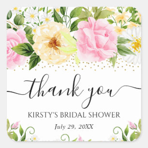 Watercolor Yellow and Pink Flowers Bridal Shower Square Sticker