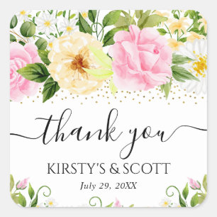 Watercolor Yellow and Pink Flowers Wedding Square Sticker