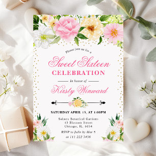 Watercolor Yellow and Pink Summer Flowers Sweet 16 Invitation