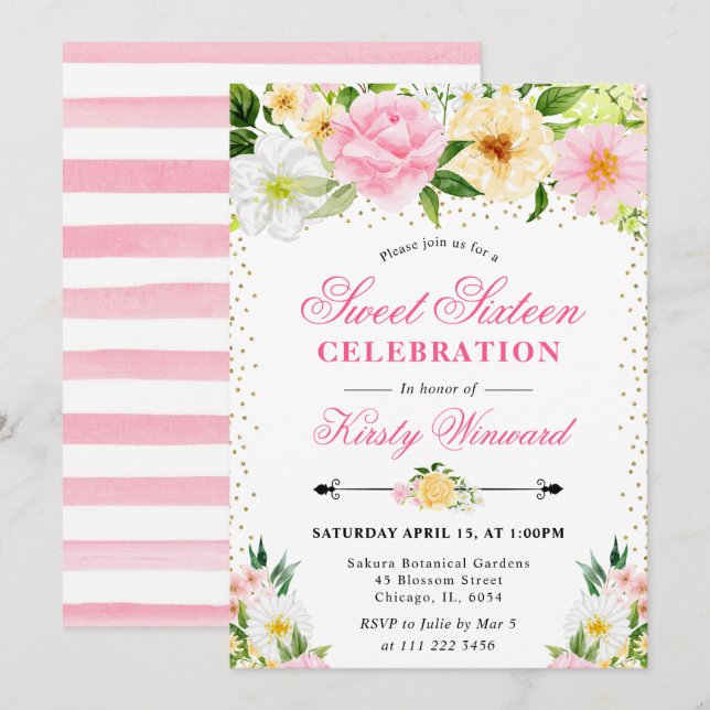 Watercolor Yellow and Pink Summer Flowers Sweet 16 Invitation (Front/Back)