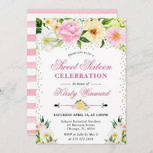 Watercolor Yellow and Pink Summer Flowers Sweet 16 Invitation