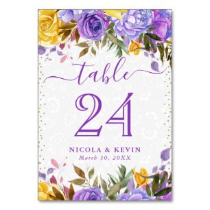 Watercolor Yellow and Purple Flowers Wedding Table Number