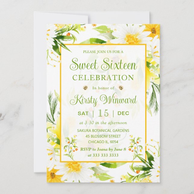Watercolor Yellow and White Daisies Sweet Sixteen Invitation (Front)