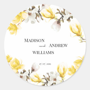 Watercolor Yellow and White Magnolia Blossom Classic Round Sticker