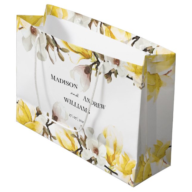 Watercolor Yellow and White Magnolia Blossom Large Gift Bag (Front Angled)
