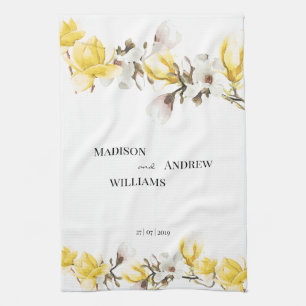 Watercolor Yellow and White Magnolia Blossom Tea Towel