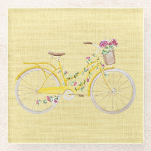 Watercolor Yellow Bike Glass Coaster