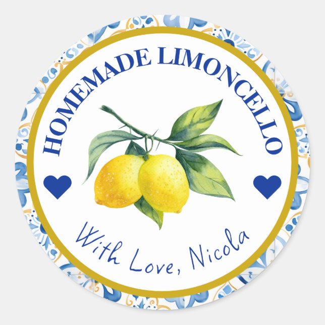 Watercolor Yellow & Blue Homemade Limoncello Classic Round Sticker (Front)