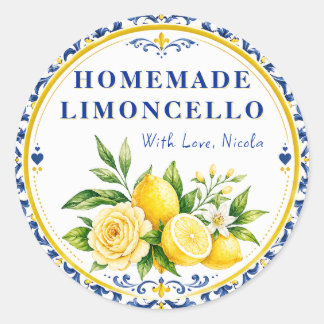 Watercolor Yellow & Blue Homemade Limoncello Classic Round Sticker