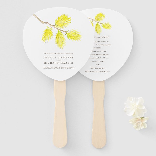 Watercolor yellow catkins wedding program fans (Front and Back)