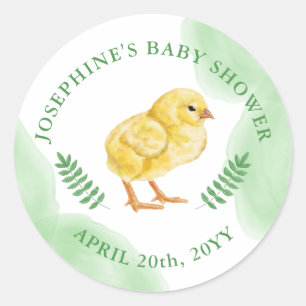 Watercolor Yellow Chick With Green Baby Shower Classic Round Sticker