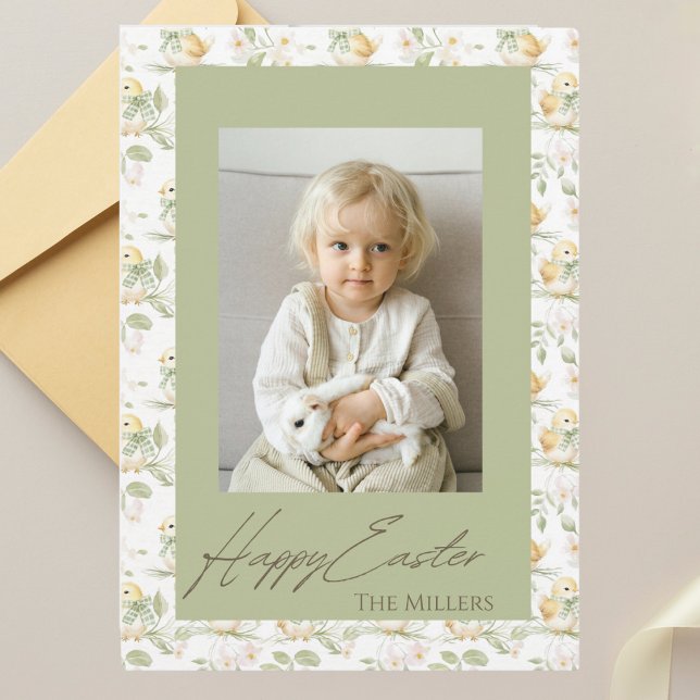 Watercolor Yellow Chicks Happy Easter Photo  Holiday Card (Creator Uploaded)