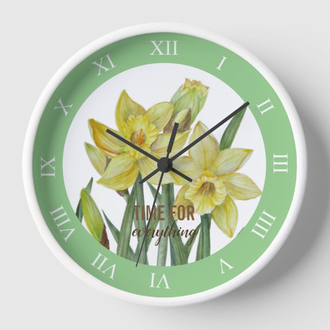 Watercolor Yellow Daffodils Roman Numbers Clock (Front)